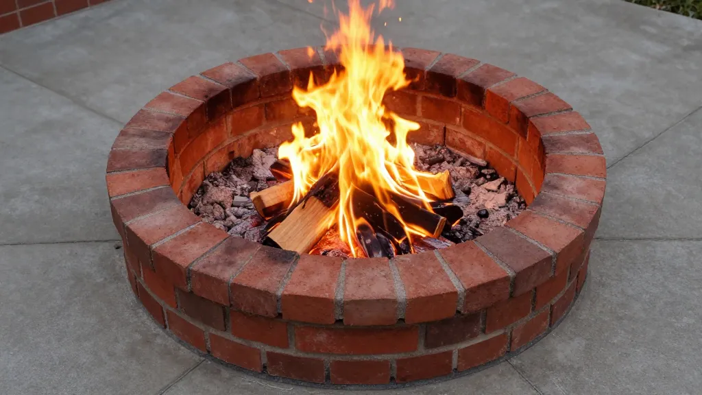 How to Make Backyard Fire Pit Ideas with Bricks Completely From Scratch in One Weekend 3 Overhead view completed circular brick fire pit with flames